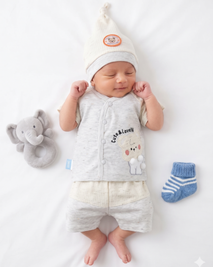 3-Piece "Cute & Lovely" New Born Baby( Uni-sex )Bear Set - Off - White & Heather Grey