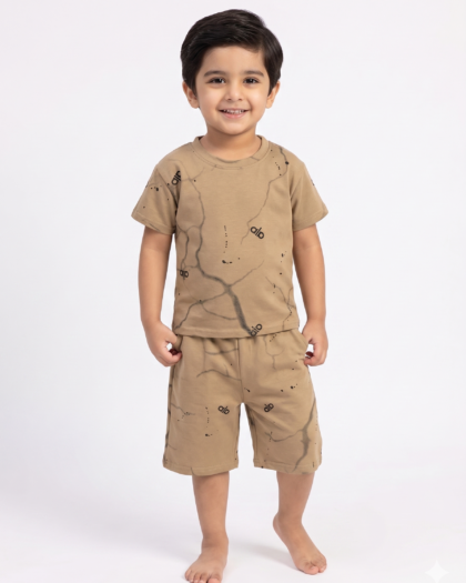Boys Biscuit Beige Printed Summer Set