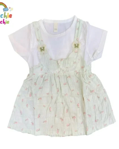 Baby Girl Cherry Print 2-Piece Frock (White & Green)