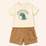 Dinosaur Printed Boys T-Shirt & Brown Shorts Set