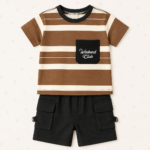 Brown Striped Boys T-Shirt & Black Cargo Shorts Set