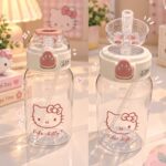 Cute Hello Kitty Transparent Water Bottle with Straw & Flip Lid