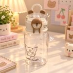 Cute Kuromi "Little Devil" Transparent Water Bottle with Bear Ear Lid & Straw
