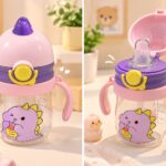 Cute Dinosaur Dual-Handle Baby Sippy Cup with Flip-Top Soft Spout & Straw (Pink & Purple)