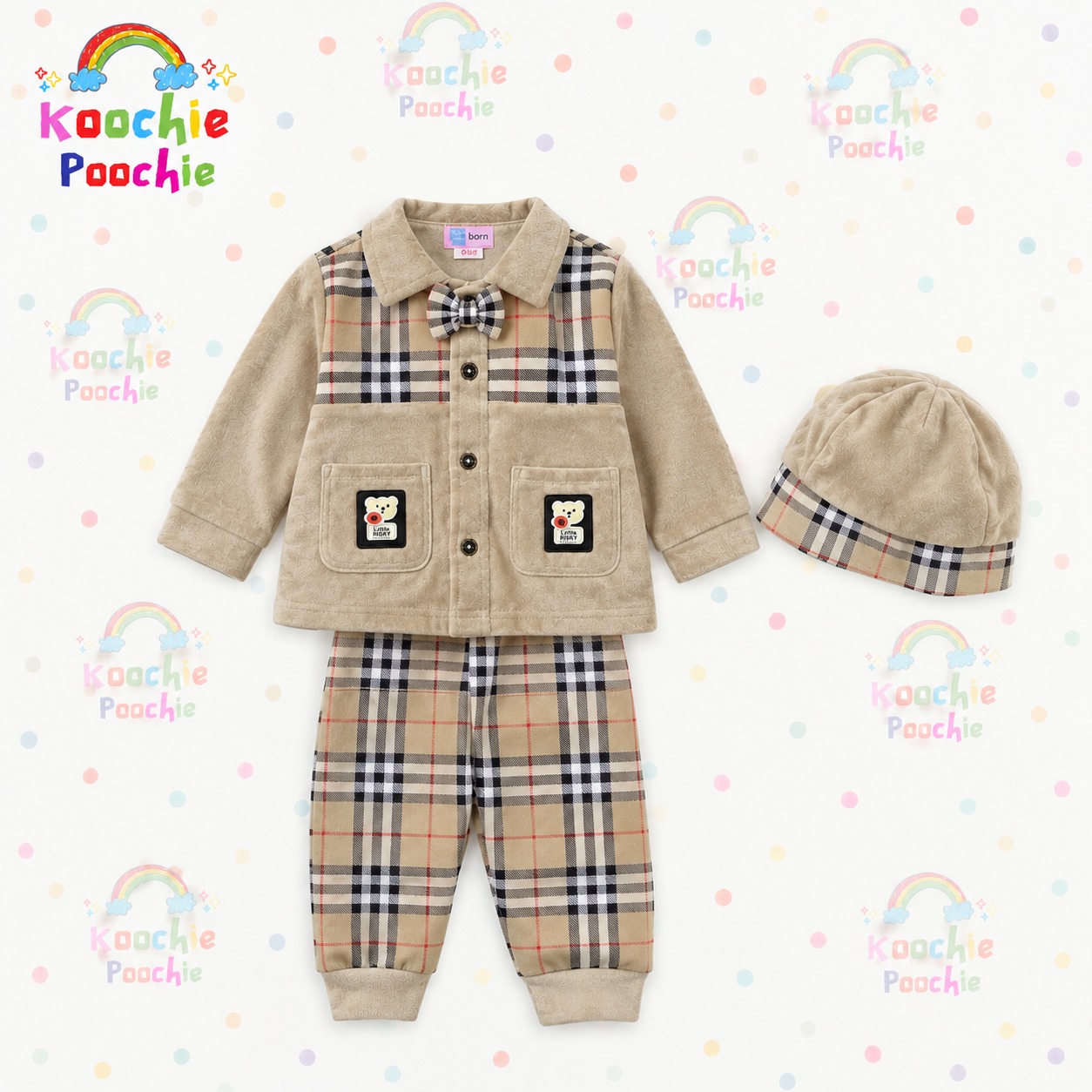 wcgs-image-5ff2f7b8 Beige Checkered Teddy Bear 3-Piece Set - Image 1