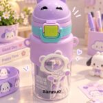 Cute Pochacco Purple Bear-Lid Water Bottle with Strap & Astronaut Charm