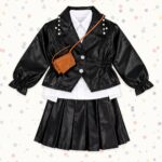 Girls' Black Faux Leather Jacket & Pleated Skirt Set